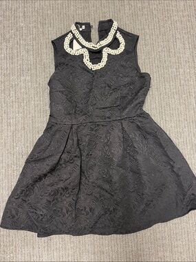 Black Textured Sleeveless Fit & Flare Dress with Pearl Collar